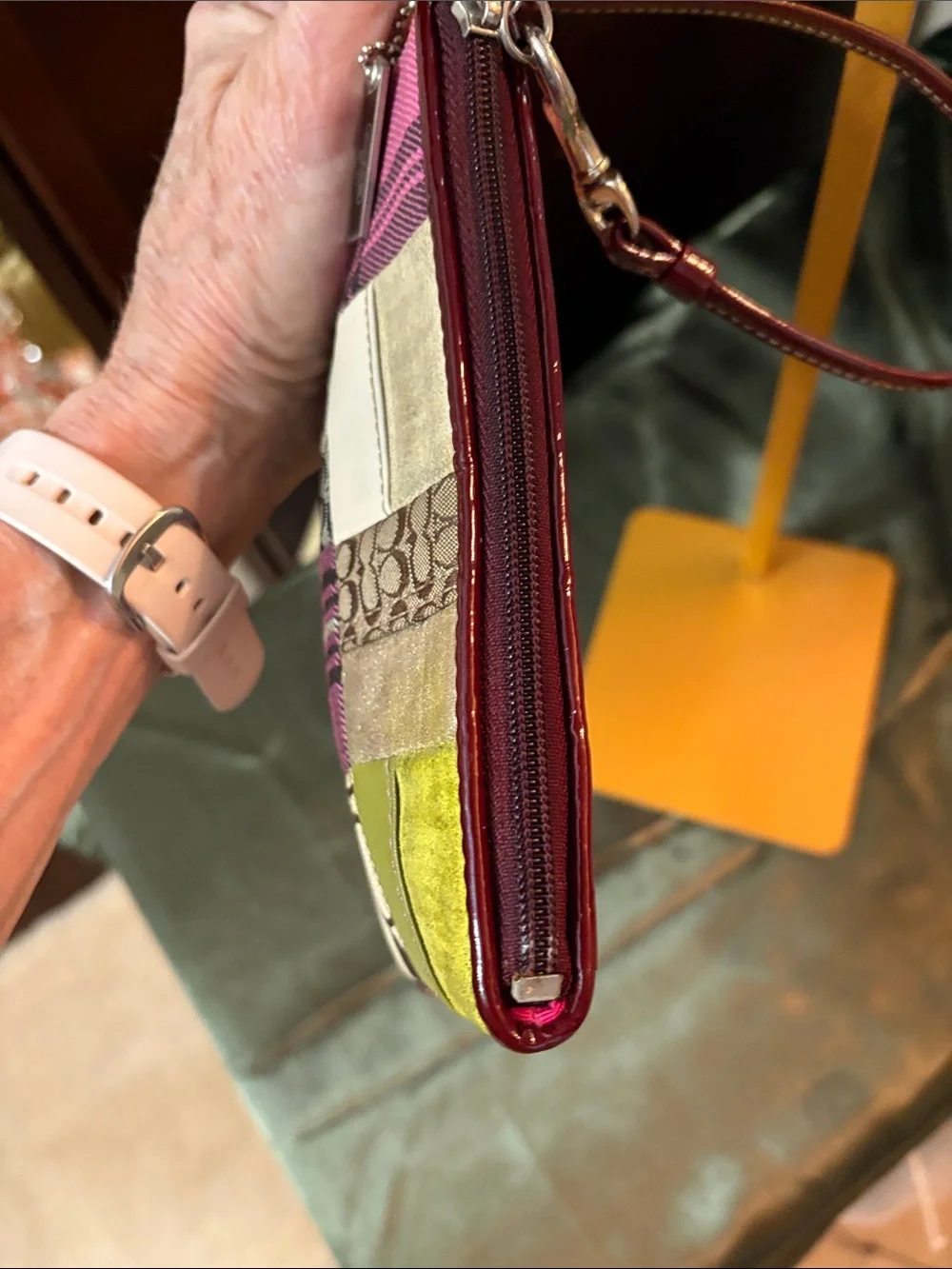Coach Pink Multi Patchwork Wristlet with Green Accent